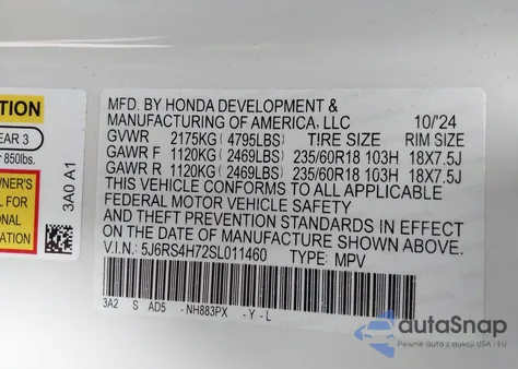 2025 Honda Cr-V Ex-L Awd from USA, damaged, VIN 5J6RS4H72SL011460